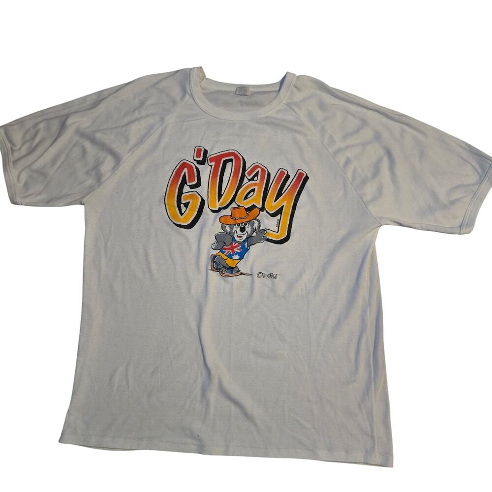 vintage 1980s or 1990s white t-shirt featuring a graphic of a cartoon koala